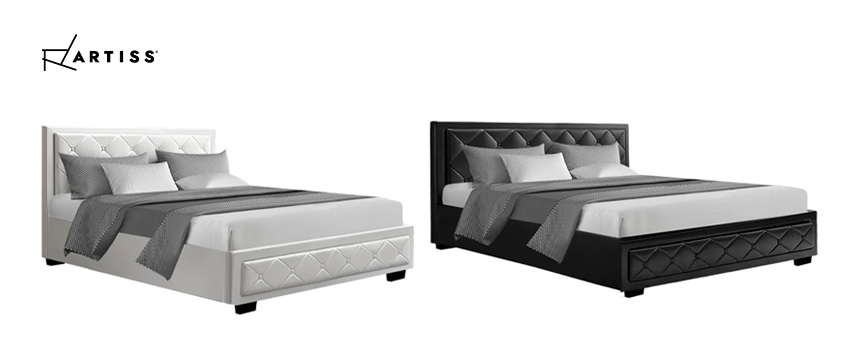 A pair of Artiss Tiyo PU-leather bed frames in white and black.