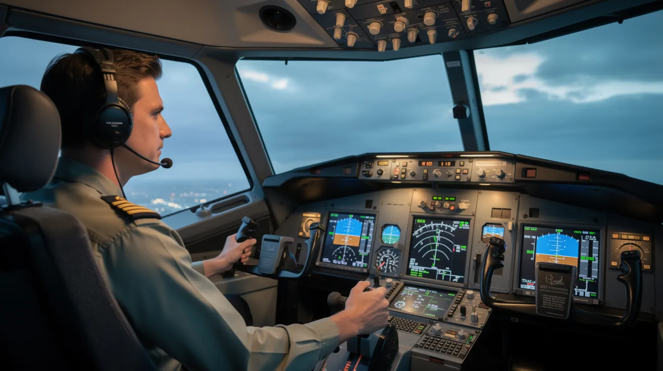 A pilot is seated in a flight training simulator cockpit, practicing instrument procedures under simulated instrument flight rules. The environment reflects a realistic aviation training device setup, essential for achieving an instrument rating and enhancing their aeronautical knowledge for future cross country flights.