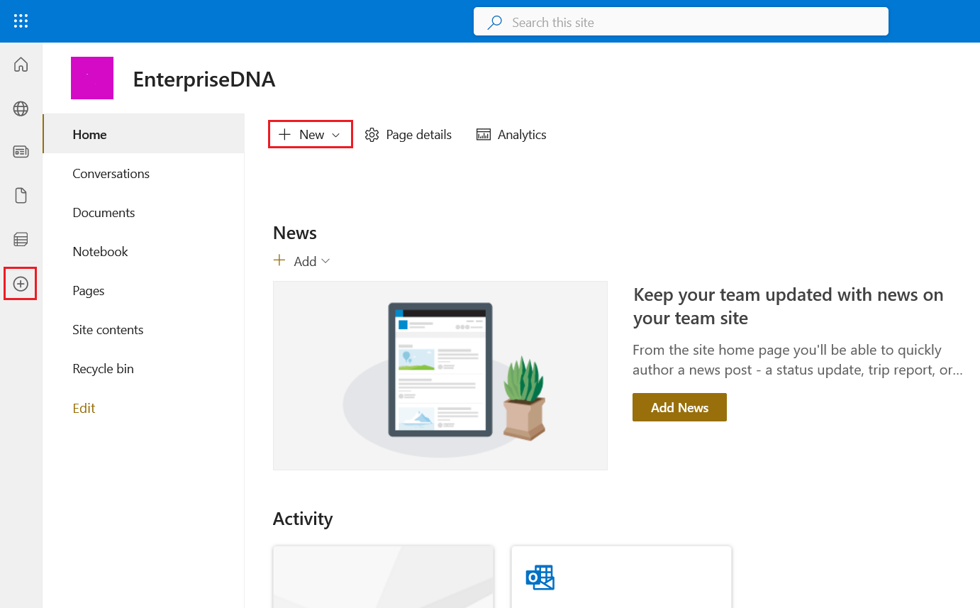 Press + New to click create site as sharepoint administrator
