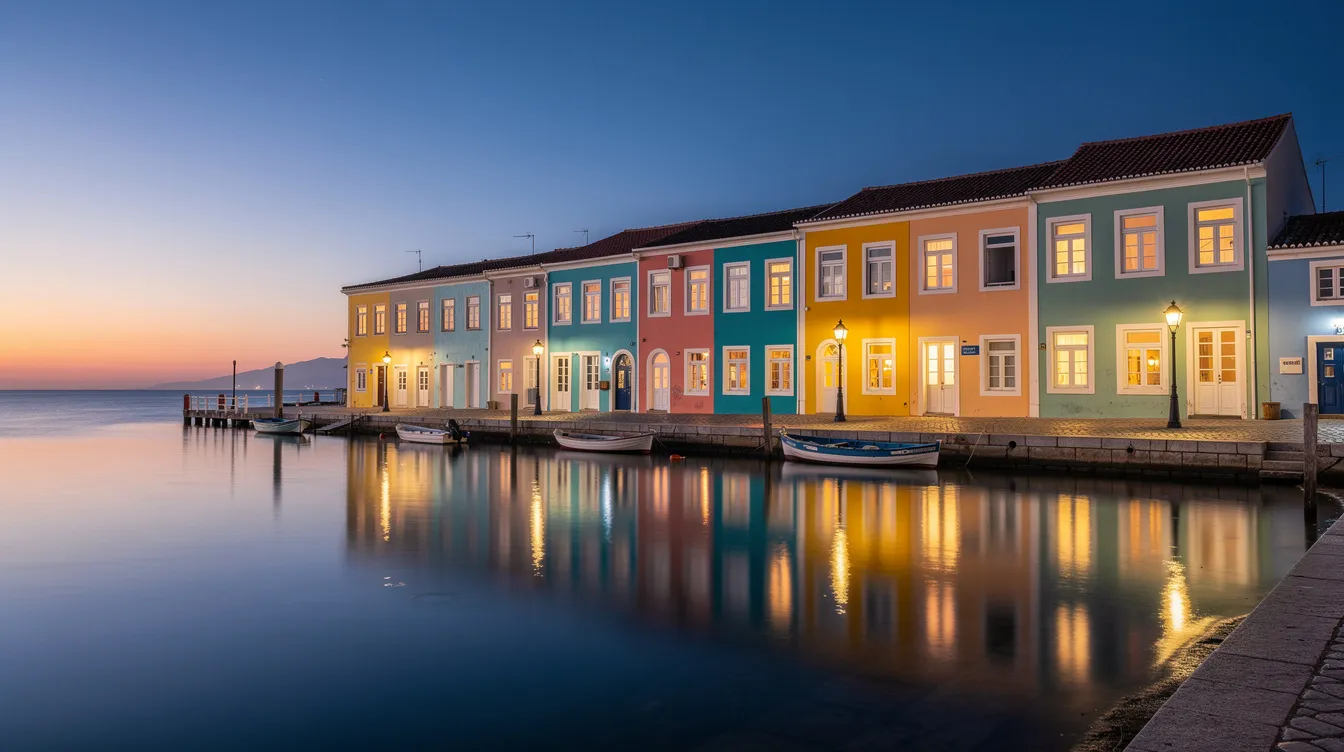 A imagem mostra edifícios coloniais coloridos à beira-mar em Willemstad, Curaçao, iluminados por luzes quentes ao anoitecer, refletindo suavemente nas águas calmas do porto. Este cenário encantador destaca a diversidade cultural e o charme do centro histórico da ilha caribenha.