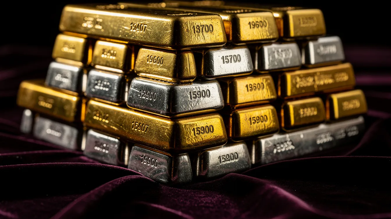 A close-up image showcases stacked gold and silver bullion bars resting on a dark velvet surface, highlighting the allure of physical precious metals as a solid investment option. This arrangement emphasizes the significance of precious metals in the market, appealing to those considering gold and silver investments for their retirement savings.