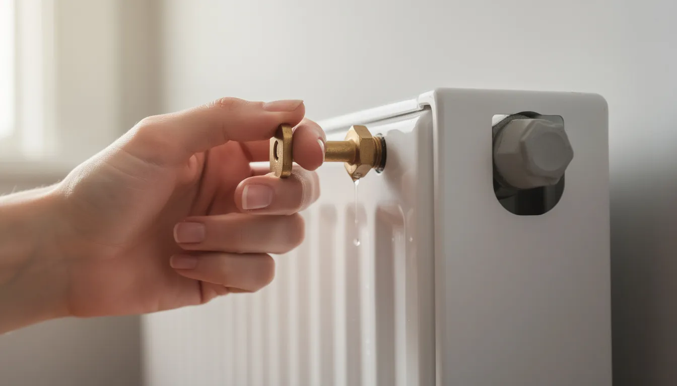 A person is using a radiator key to bleed air from a white panel radiator, an essential step in maintaining a central heating system to ensure it operates efficiently. This process helps to release trapped air, which can cause low boiler pressure and affect the heating system's ability to provide hot water.