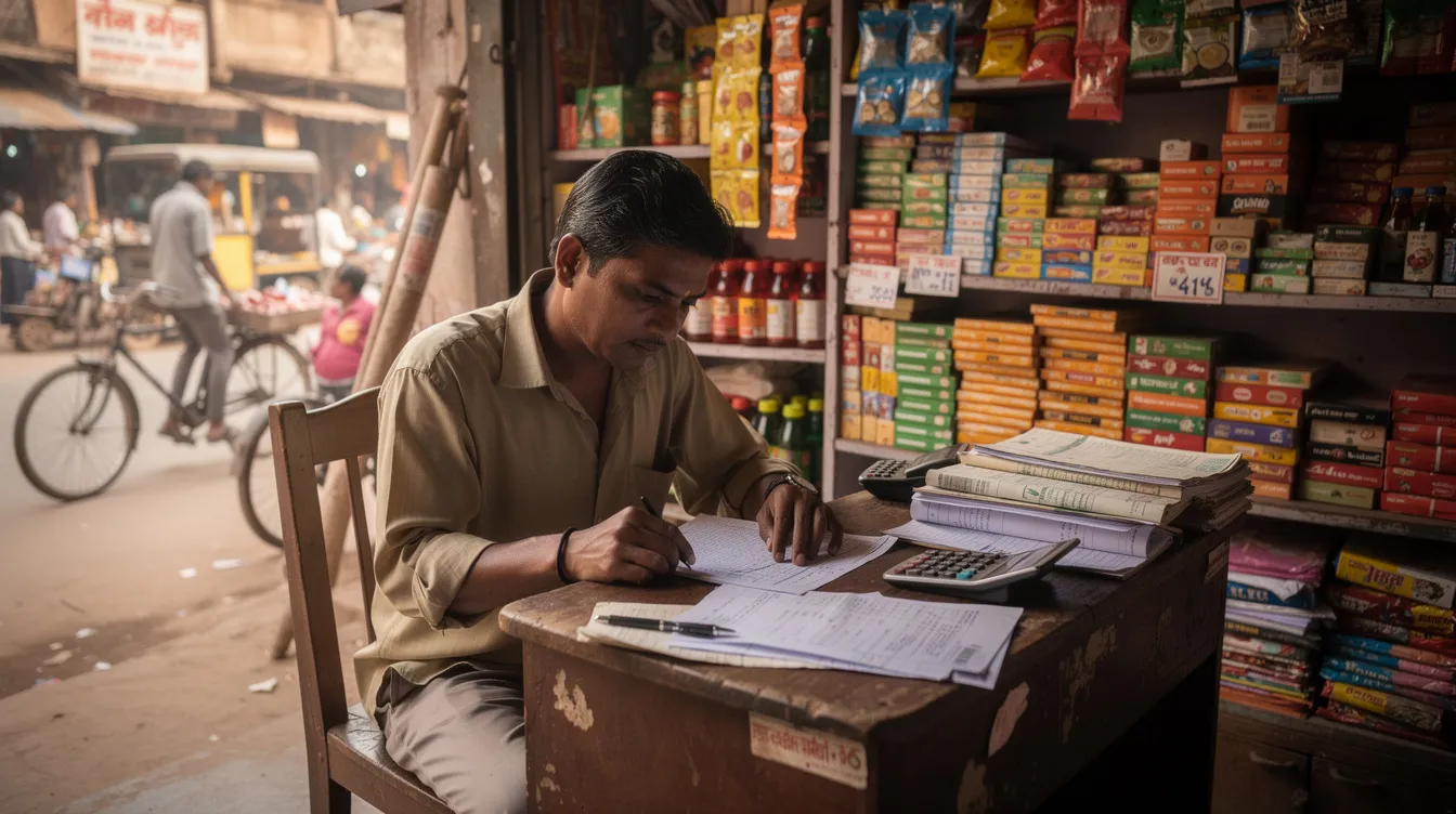 8b85e89d e063 4917 9dbd 811908476a9a The image depicts a small shop owner sitting at a desk in an Indian market, carefully reviewing financial documents related to business loans. The owner appears focused, likely assessing their satisfactory credit track record and planning for future financial assistance under the Pradhan Mantri Mudra Yojana.