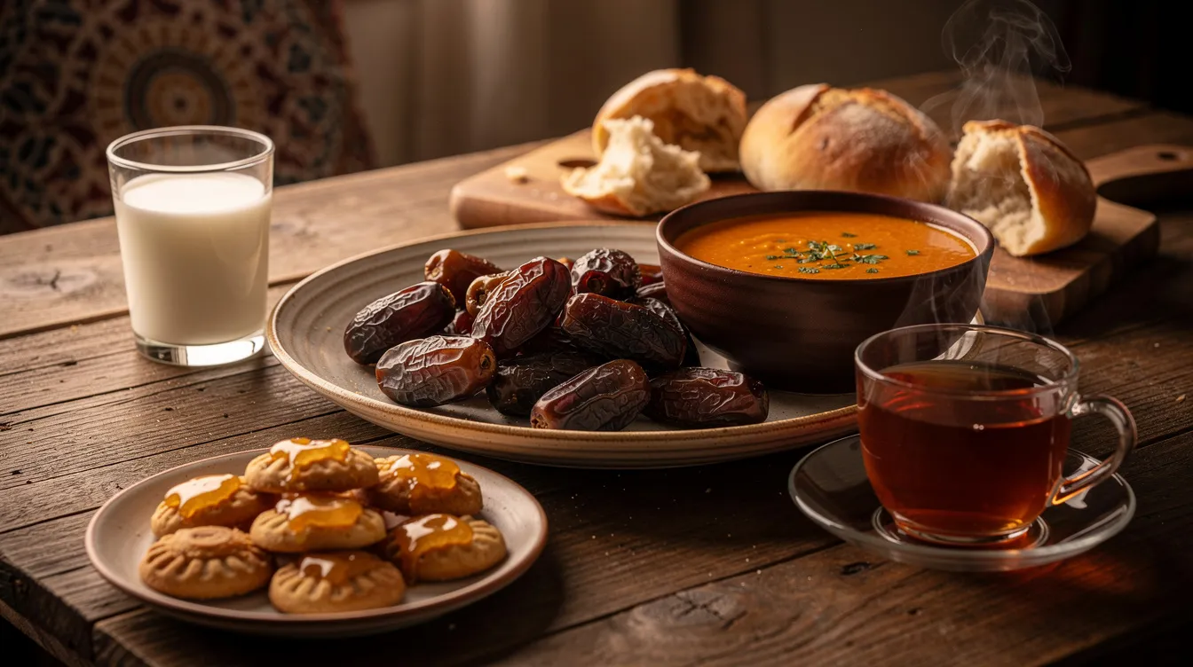 Een tafel is gedekt met traditionele gerechten voor iftar, waaronder dadels, melk, linzensoep, brood, honingkoekjes en warme thee. Deze maaltijd, die meestal na zonsondergang genuttigd wordt, markeert het verbreken van het vasten tijdens de maand Ramadan.
