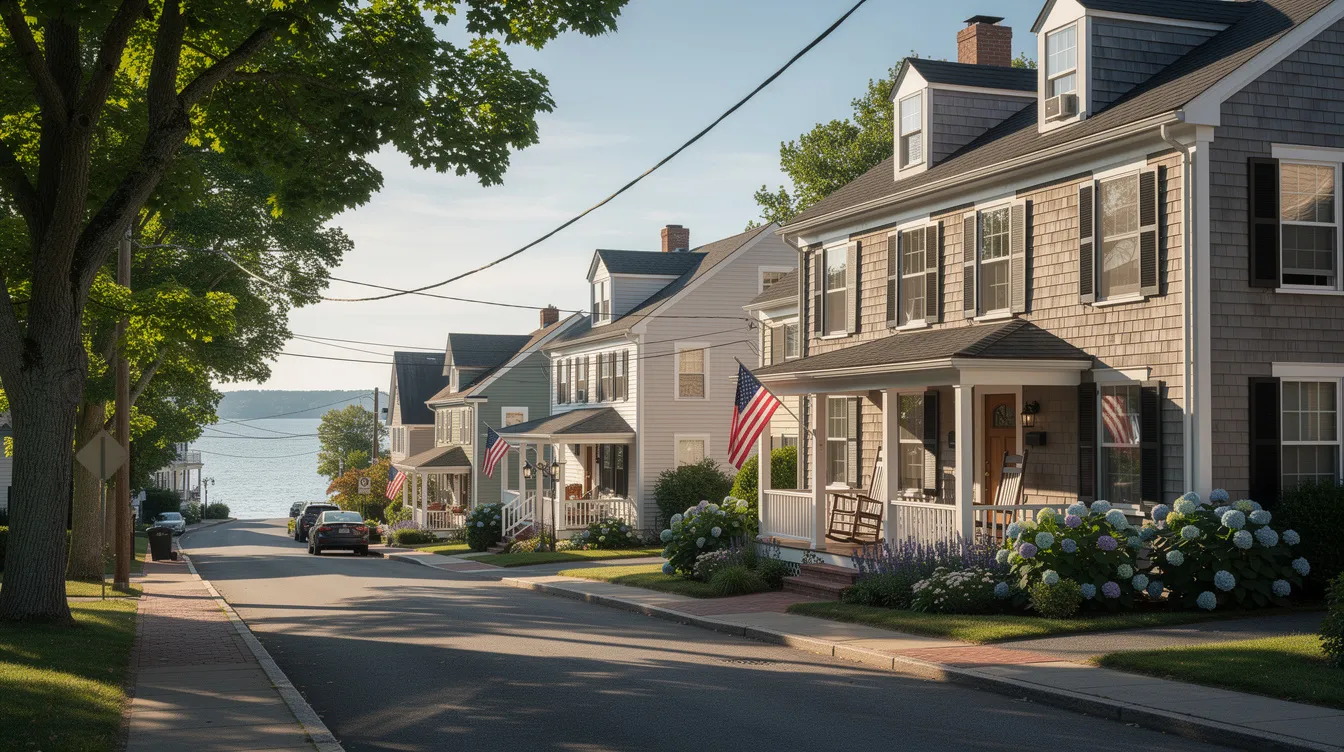 The image depicts a picturesque coastal streetscape in a Connecticut town during summer, showcasing charming New England style homes along tree-lined sidewalks, with a serene view of Long Island Sound in the background. This vibrant real estate market is ideal for potential buyers looking for their dream home in a beautiful setting.