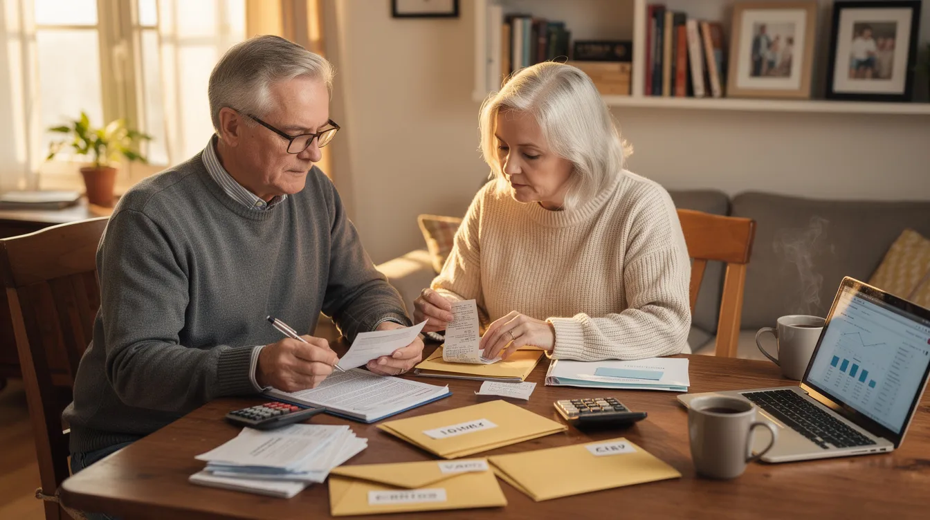 An older couple sits at a dining table surrounded by various financial papers, organizing documents related to their retirement accounts, including inherited IRAs and beneficiary designations. They appear focused as they discuss the implications of required minimum distributions and the management of their inherited retirement assets.