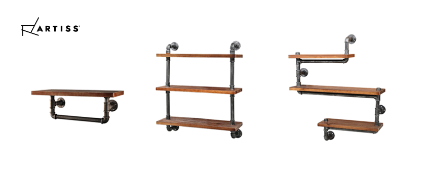 A collection of Artiss industrial style pipe shelves in 1- and 3-tier styles.