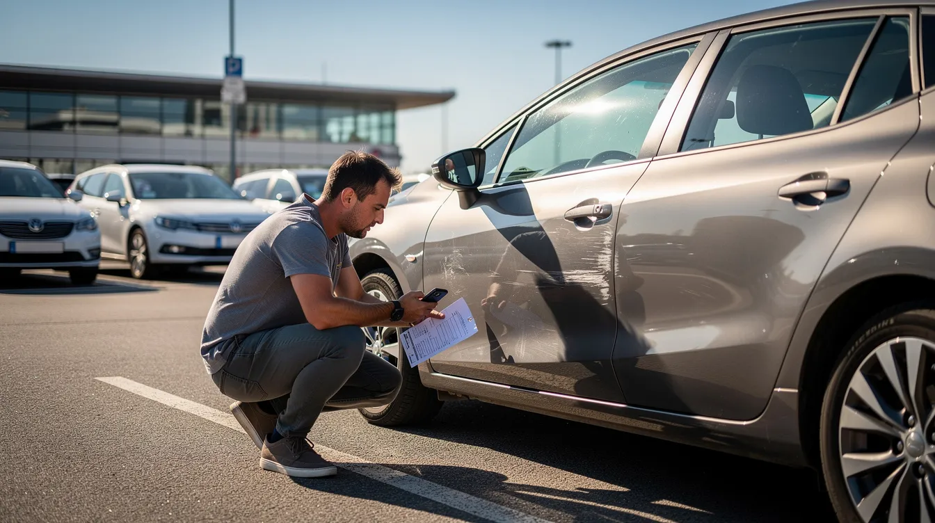 Un viaggiatore esamina attentamente la carrozzeria di un'auto a noleggio in un parcheggio soleggiato, mentre tiene in mano una carta di credito pronta per il pagamento. Sullo sfondo si notano altri veicoli e un'atmosfera di libertà tipica delle vacanze in Marocco.