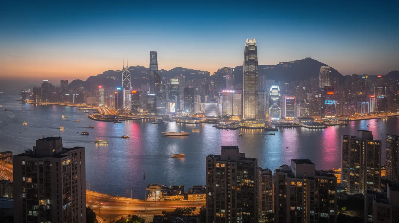 A stunning modern cityscape of Hong Kong at dusk showcases illuminated office towers reflecting on the harbor, creating a vibrant atmosphere. The scene captures the essence of urban life, where opportunities like low-interest loans for civil servants can help them achieve their financial goals.