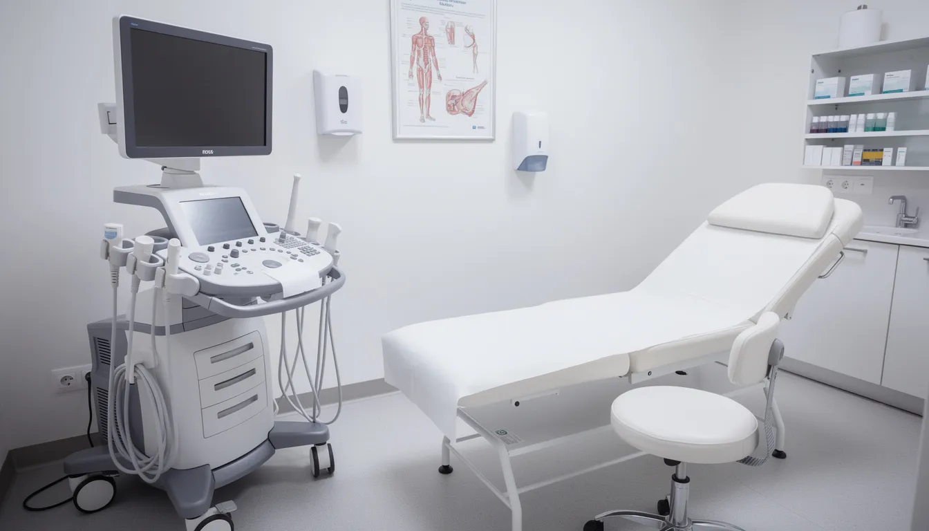 L'image montre une salle d'échographie médicale équipée d'un appareil moderne et d'une table d'examen, prête à accueillir des patients pour des diagnostics liés à la grossesse ou à la fécondation in vitro. L'environnement est stérile et fonctionnel, reflétant l'importance des examens pour la santé reproductive et le suivi des grossesses.