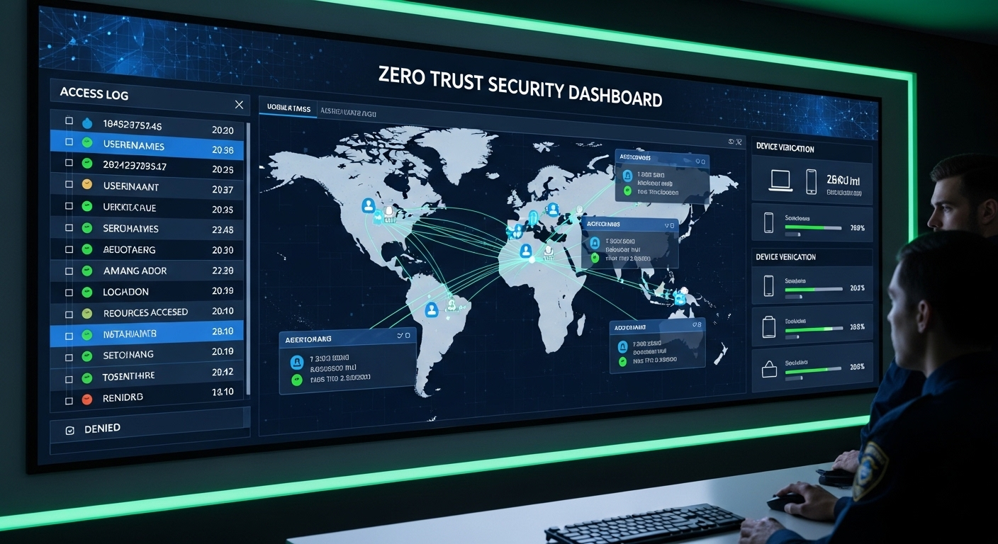 Security operations dashboard displaying real-time access logs, user locations, and device verification status in a zero trust environment.