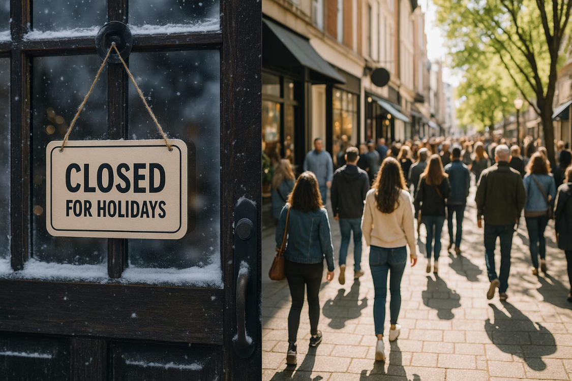 Small shop with holiday closure sign and spring buyers walking past.