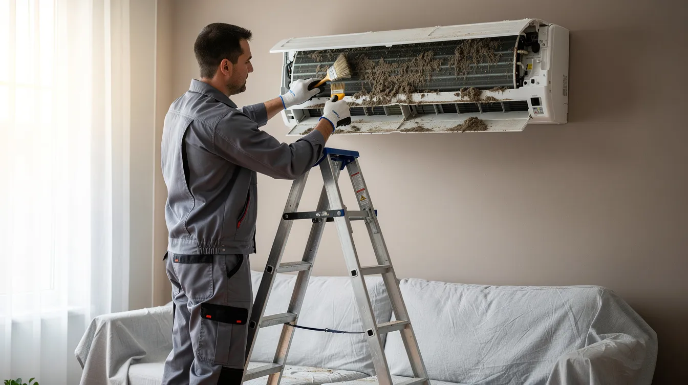 A technician is meticulously cleaning the filters and evaporator coil of an air conditioning unit during a professional service, ensuring optimal performance and energy efficiency. This maintenance helps improve air quality and reduce energy bills for the air conditioning system in residential or commercial spaces.