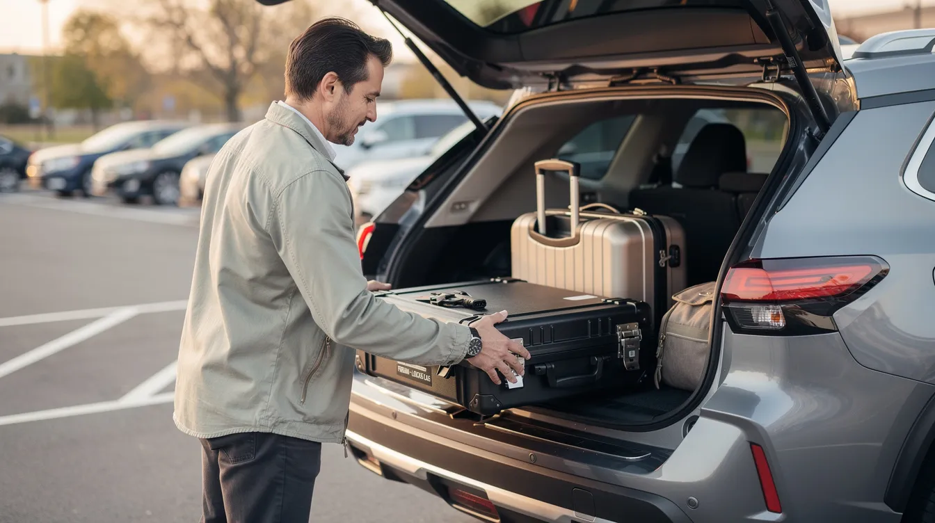 A traveler is seen placing a locked firearm case in the rear of a vehicle, ensuring compliance with Iowa gun laws for lawful transportation of their weapon. The scene emphasizes the importance of having a valid permit to carry weapons and adhering to state and federal law for public safety.
