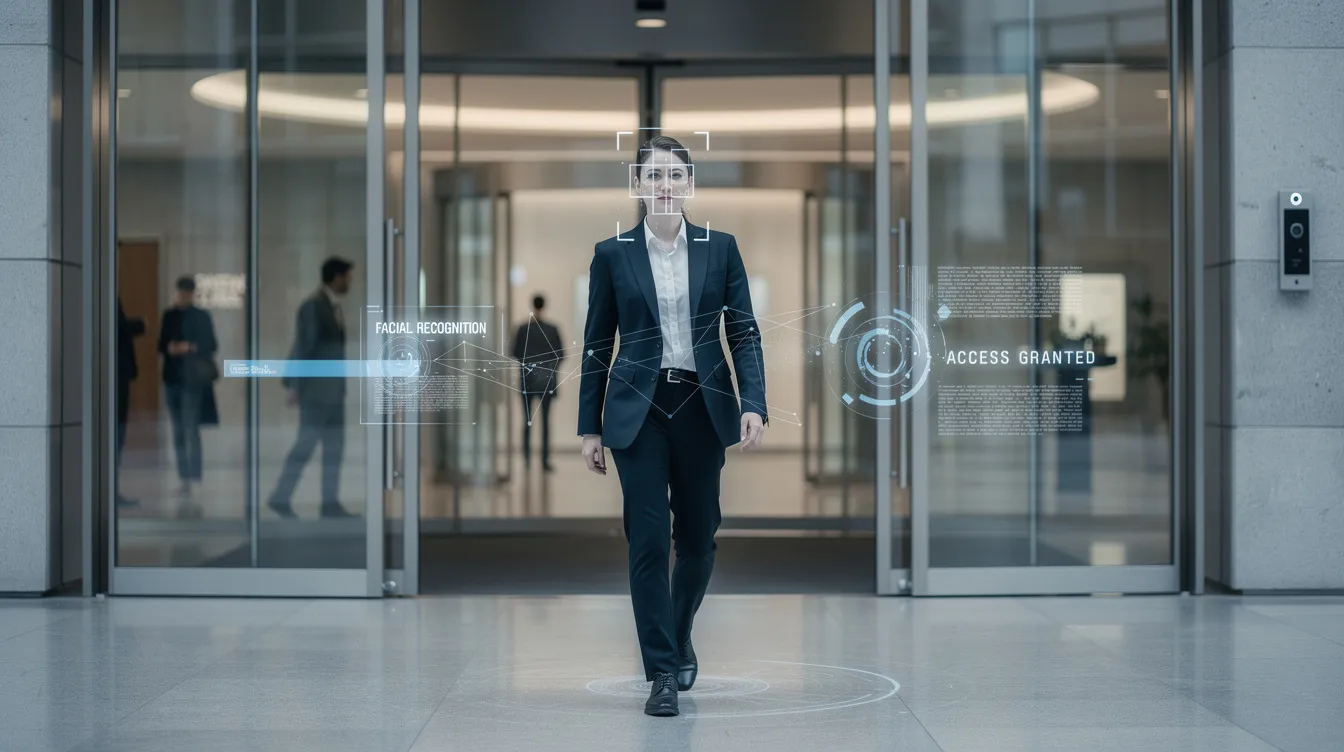 The image depicts a facial recognition scan as a person walks through the entrance of a modern building, highlighting the use of AI technologies and biometric data for identification. This scene illustrates the application of machine learning models in enhancing security and access control in commercial spaces.
