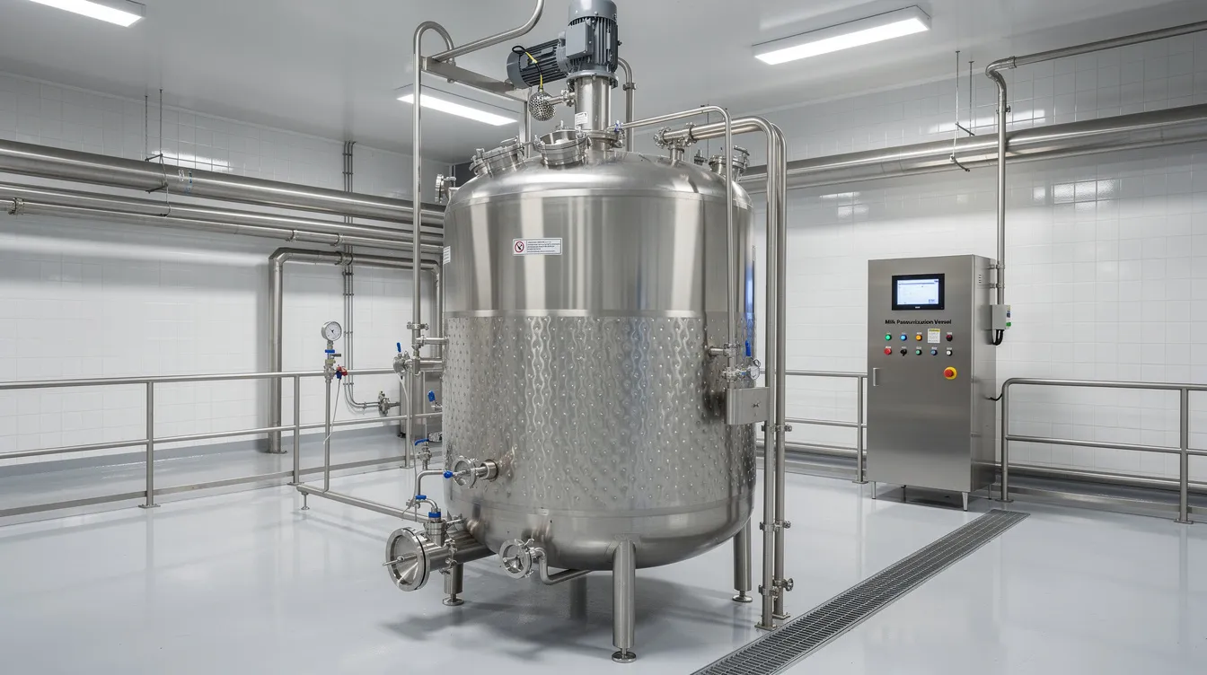 8b9445c1 14b7 44fa b41b e6da40db0bf6 The image depicts an industrial stainless steel jacketed vessel equipped with an agitator mechanism, designed for ghee production in a dairy factory. The vessel features insulation for temperature control, showcasing the essential equipment used in the ghee making plant process.