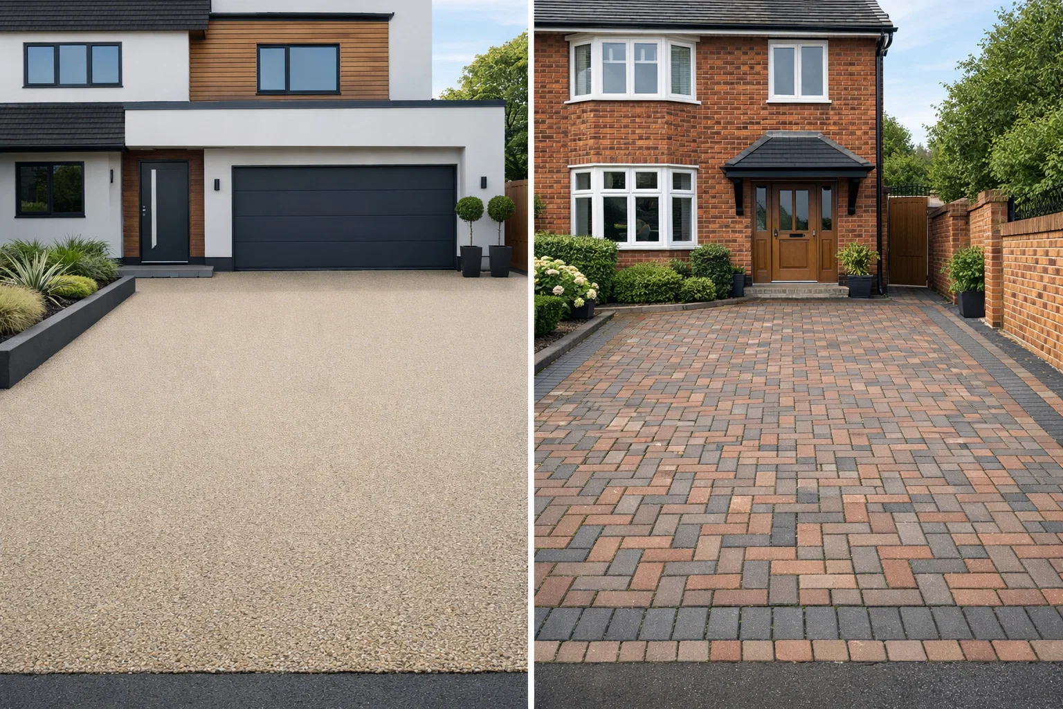 Resin and block paving driveways side by side, showing style differences.