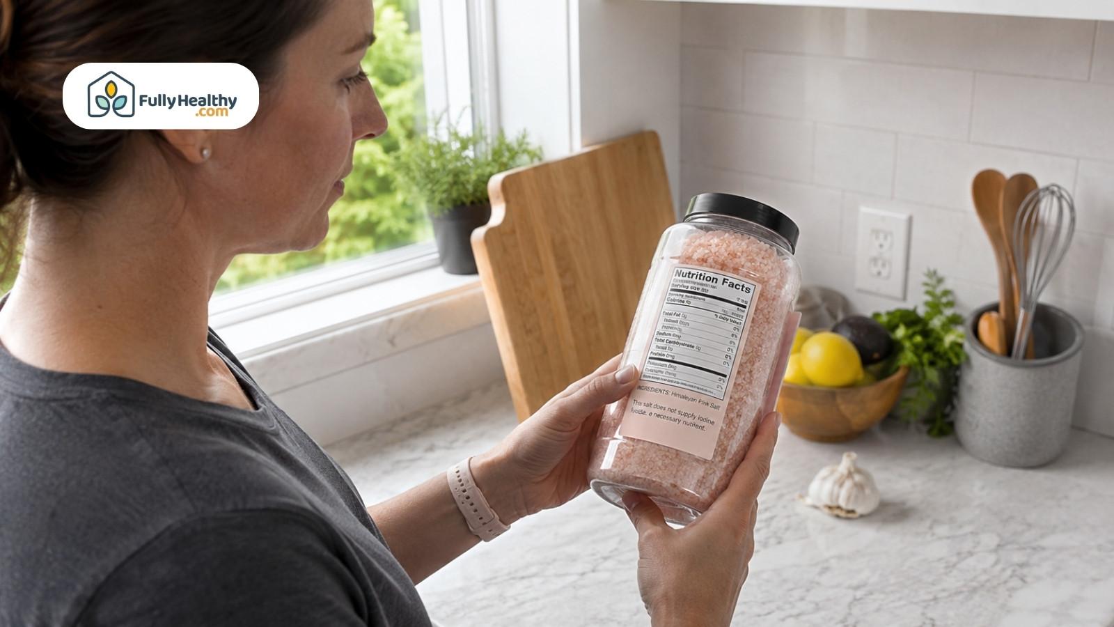 Woman checking Himalayan pink salt nutrition label in bright kitchen