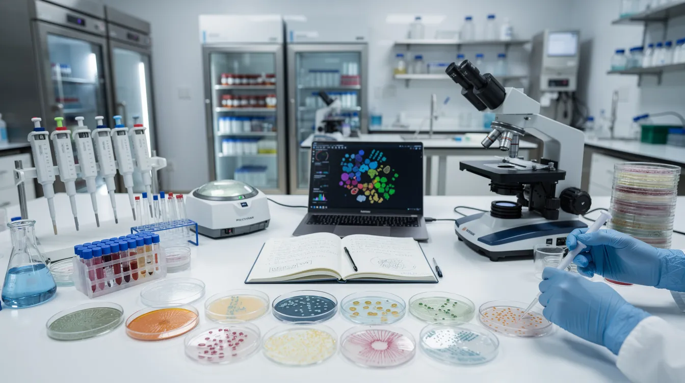 The image depicts a laboratory filled with scientific equipment and petri dishes, showcasing a setting dedicated to microbiome research. This environment is essential for studying gut bacteria and their potential impact on sleep quality and disorders, as well as the gut microbiome&rsquo;s connection to overall health and well-being.