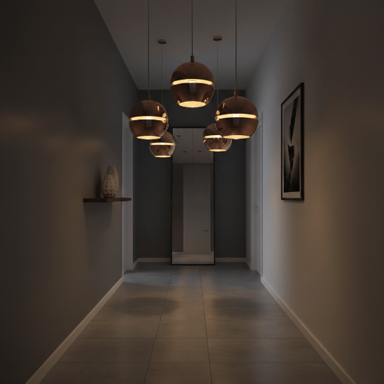 Smoked glass globe pendants creating balanced, glare-controlled lighting in a hallway.
