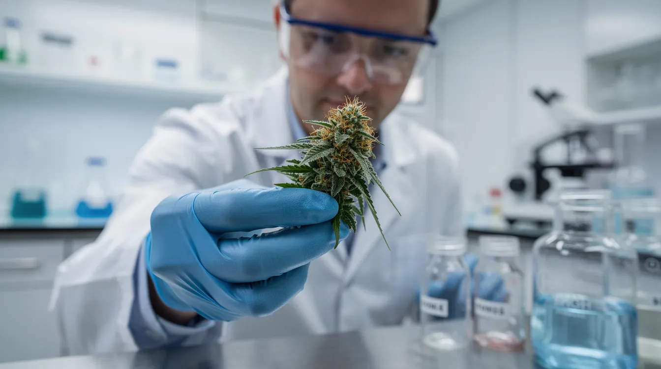 A close-up image depicts a scientist in a laboratory carefully examining a cannabis flower, focusing on its intricate details and texture. This scene highlights the importance of lab testing for hemp-derived THCA products, which are subject to legal compliance under current Minnesota law.
