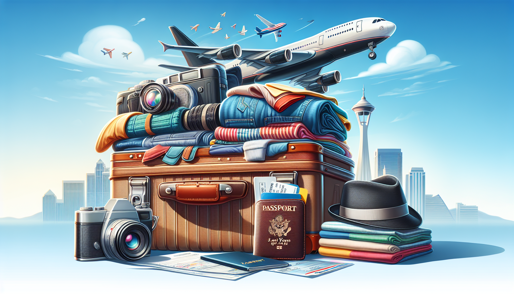 An illustration depicting travel essentials for a flight from Philadelphia to Las Vegas.