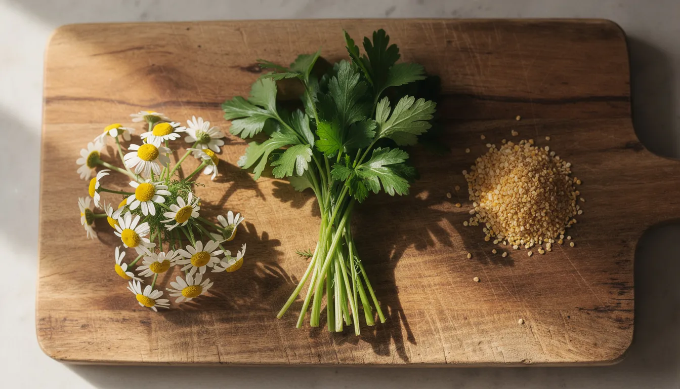 The image features fresh chamomile flowers, vibrant parsley bunches, and nutritious wheat germ arranged on a wooden cutting board, illuminated by natural light. These natural compounds are known for their numerous health benefits, including supporting healthy aging and promoting overall well-being.