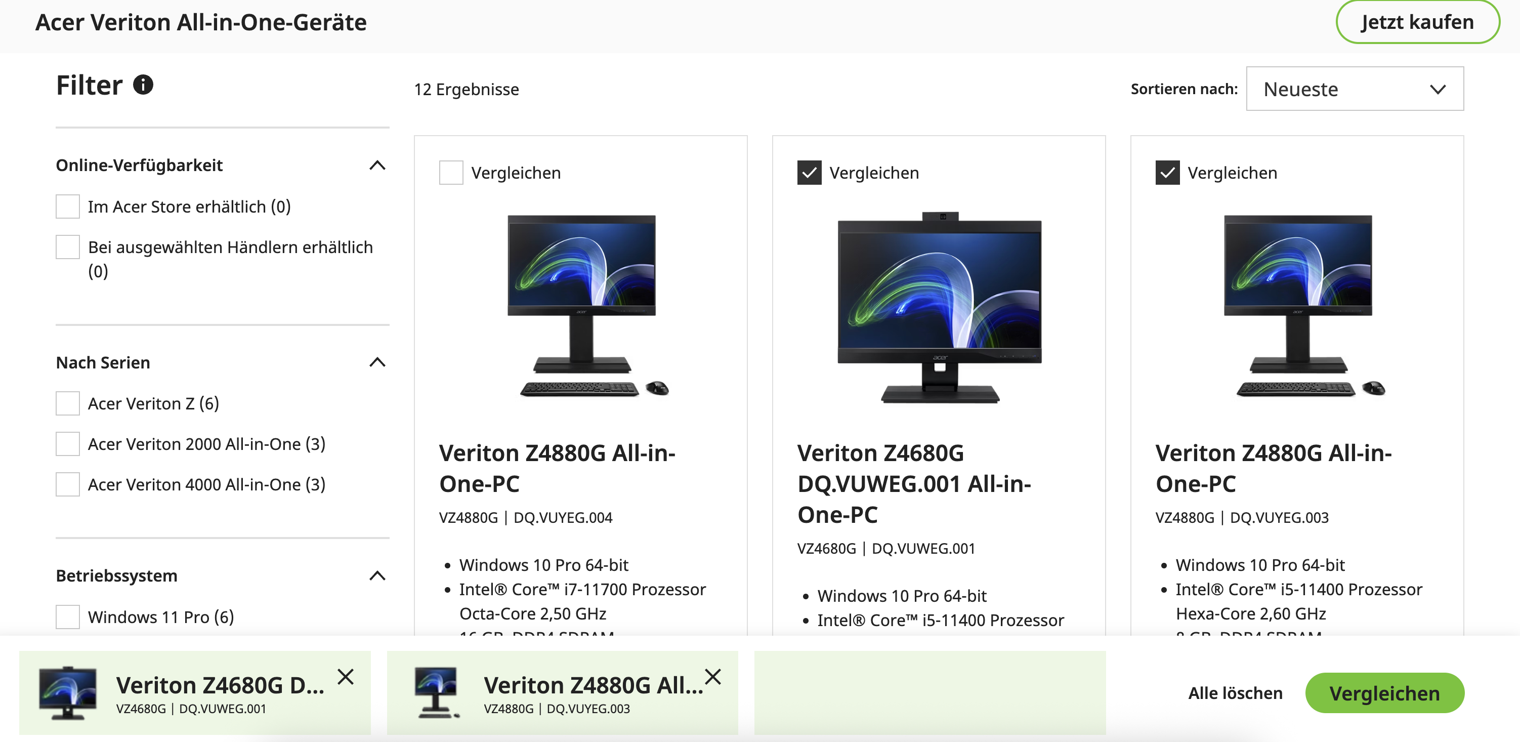 Produktvergleich erstellen: Nutze die Macht der Tabelle Bei Acer können User die Produkte selbst wählen.
