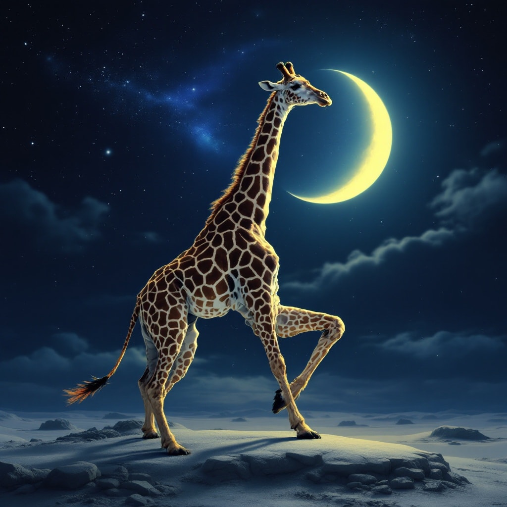 A giraffe doing yoga on the moon.