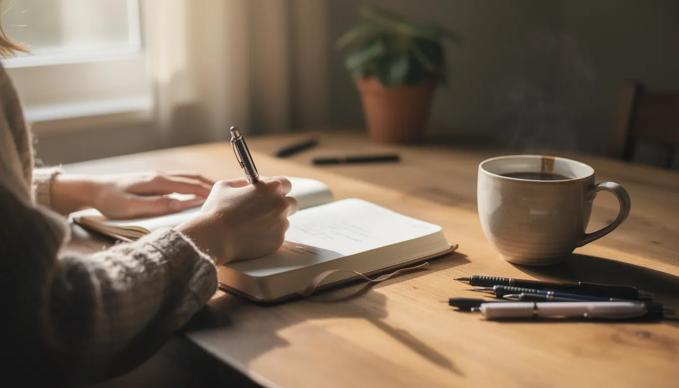 A person sits at a desk, deeply engaged in writing in a journal, with a cup of coffee nearby, embodying the practice of self-reflection essential for personal development and growth mindset. This serene scene captures the essence of fostering personal growth and creating space for valuable insights on one's journey toward future goals.