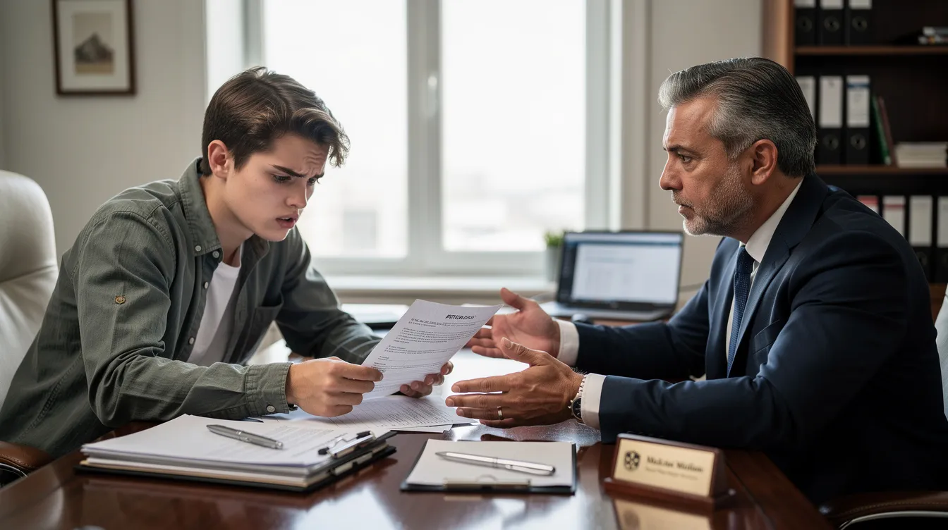 8b9d2ba7 c557 4915 935a 210e7cce4a75 A young entrepreneur sits across from a bank manager at a desk, looking confused while reviewing loan papers related to the Mantri Mudra Yojana (PMMY). The scene captures the tension of discussing financial assistance for income-generating micro enterprises, highlighting the importance of a satisfactory credit track record and necessary documents for the loan application process.