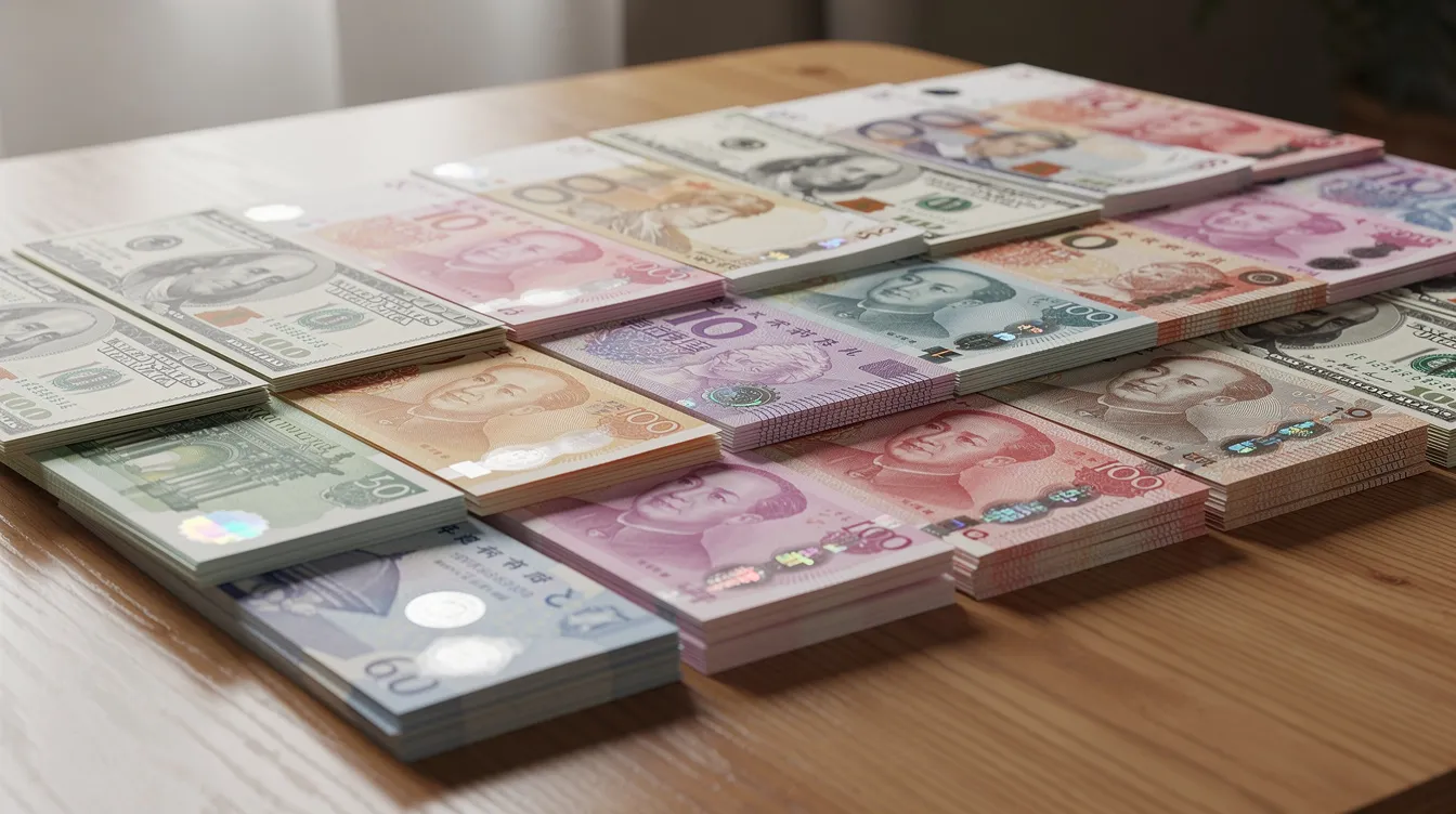 The image displays stacks of various currency notes from different countries neatly arranged on a table, illustrating the concept of international money transfer and the diverse currencies involved in sending money abroad. This visual representation highlights the importance of understanding exchange rates and the financial institutions that facilitate these transactions.