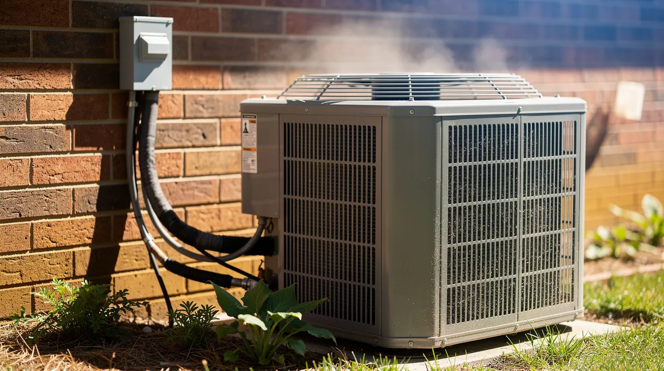 A close-up view of an outdoor residential AC condenser unit is positioned beside a brick house under the bright sun, showcasing the essential component of an air conditioning system. This unit, which may require regular maintenance such as evaporator coil replacement or emergency AC repair, is crucial for providing cool air during hot days.
