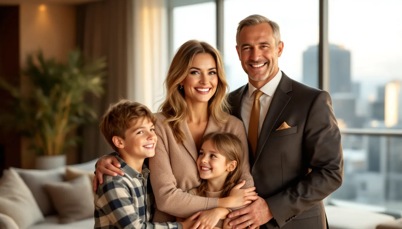 A family celebrating after a successful legal outcome in a family law case.