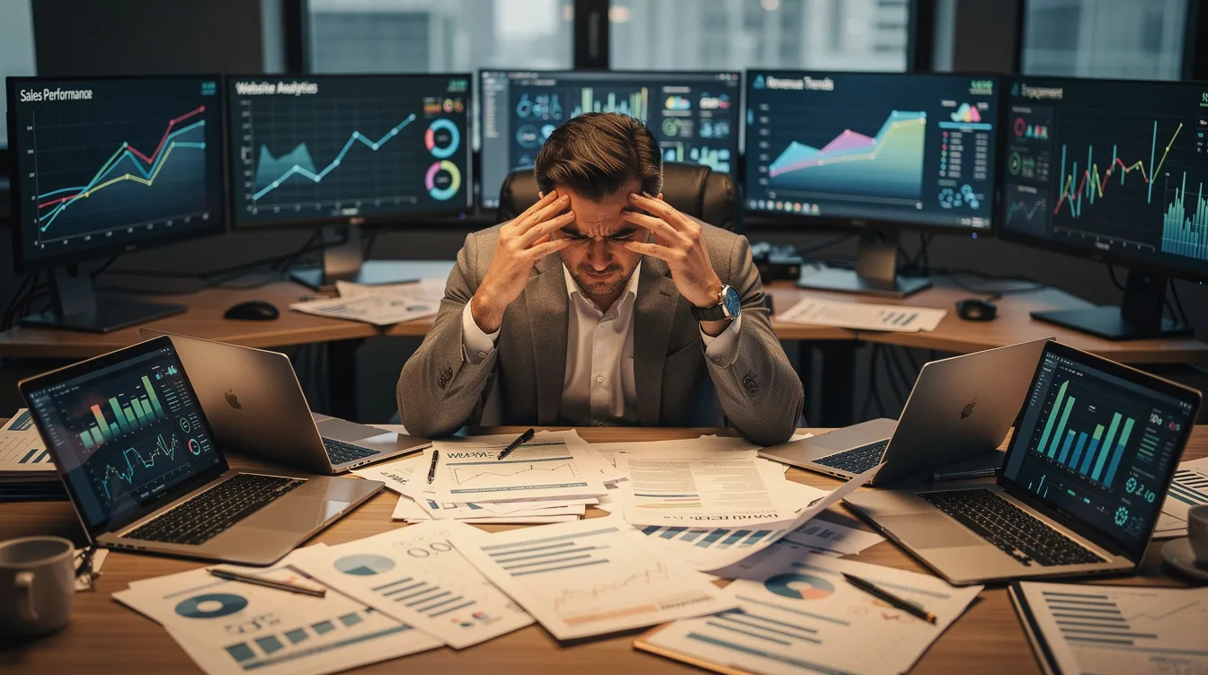 A frustrated business owner sits at a cluttered desk, surrounded by scattered reports and multiple laptop screens displaying various analytics dashboards. The scene highlights the challenges of managing lead generation efforts and digital marketing campaigns for business growth.