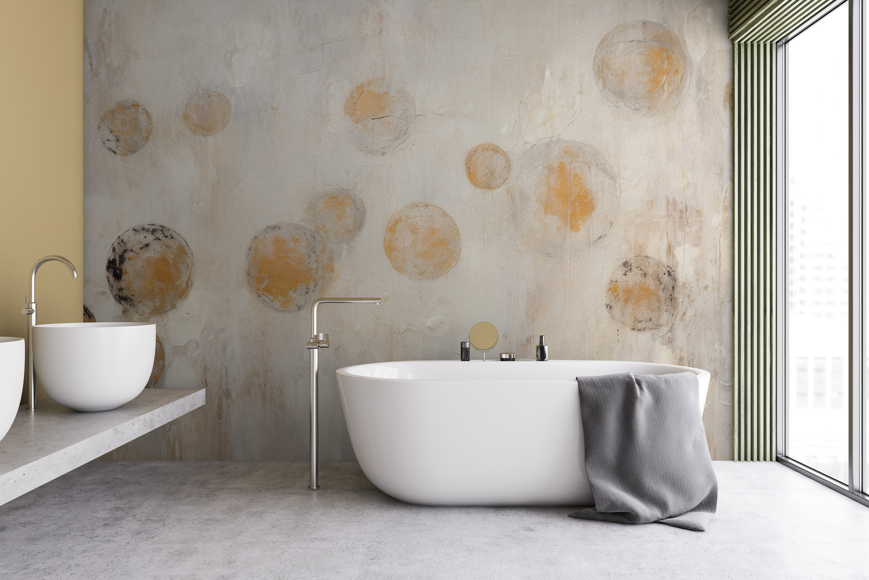 This mural captures the delicate dance of ethereal spheres in earthy tones floating on a cream canvas. The speckled textures and soft edges of the wheels create a dreamlike mood, while the neutral background evokes a feeling of calm. This work adds subtle elegance to any space, encouraging contemplation and silence.