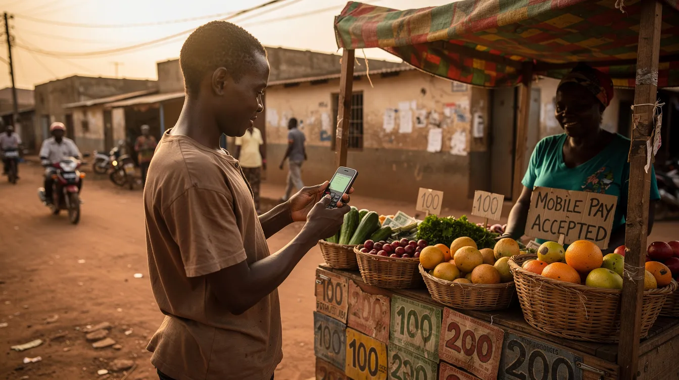A person is using a basic mobile phone to make a payment at a small market stall in an East African town, demonstrating the convenience of mobile wallets for everyday transactions. The scene highlights the use of mobile money as a payment method, allowing users to transfer money easily without needing physical cash.