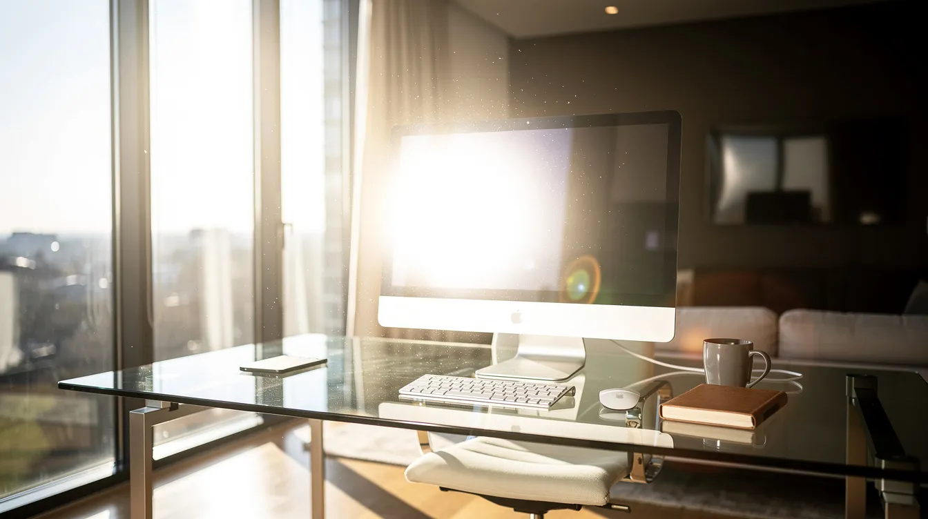 A bright afternoon sunlight streams through large windows, creating a harsh glare on a home office desk and computer screen, highlighting the need for glare reduction solutions like CoolVu transitional window films. This intense UV exposure emphasizes the benefits of photochromic window film for maintaining clear visibility and comfort while working.