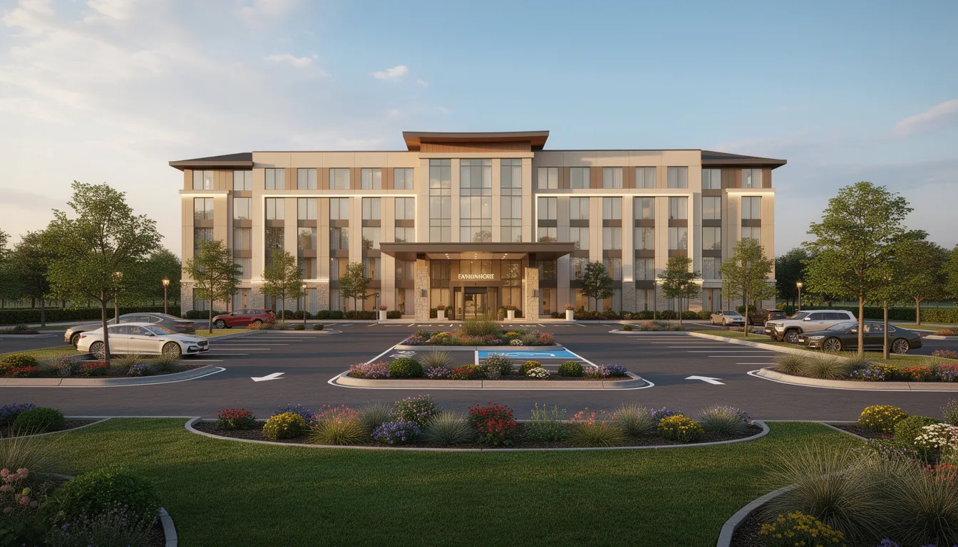 The image shows a modern hotel exterior featuring contemporary architecture, well-maintained landscaping, and a spacious parking area. This commercial property is designed to attract real estate investors, highlighting the potential for tax benefits through strategies such as cost segregation studies and accelerated depreciation deductions.