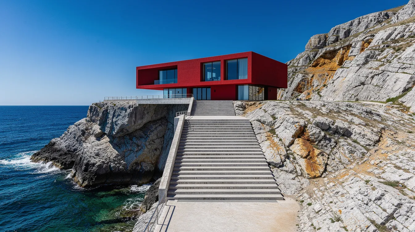 Ein modernistisches Gebäude mit roter Fassade thront majestätisch auf einem Felsvorsprung über dem tiefblauen Meer, umgeben von schroffen Felsklippen und unter einem klaren Himmel. Die breite Freitreppe lädt zum Verweilen ein und erinnert an die stilvollen Kulissen aus Jean-Luc Godards Film "Le Mépris".