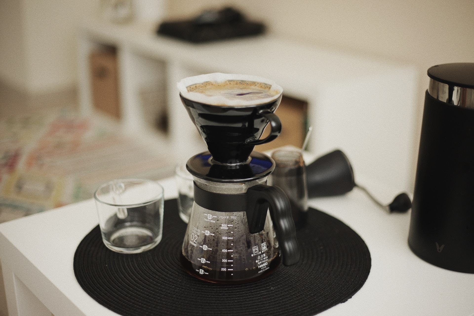 A small drip coffee set up in action