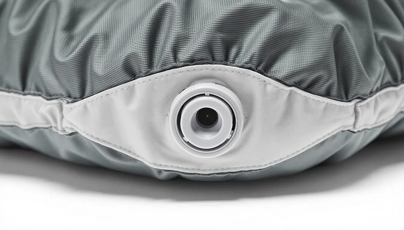 A close-up view of an inflatable camping pillow, showcasing its valve and fabric construction, highlighting the soft polyester cover and the integrated stuff sack feature for easy storage. The image emphasizes the supportive design that caters to various sleeping styles, ensuring a comfortable night's sleep while camping or backpacking.