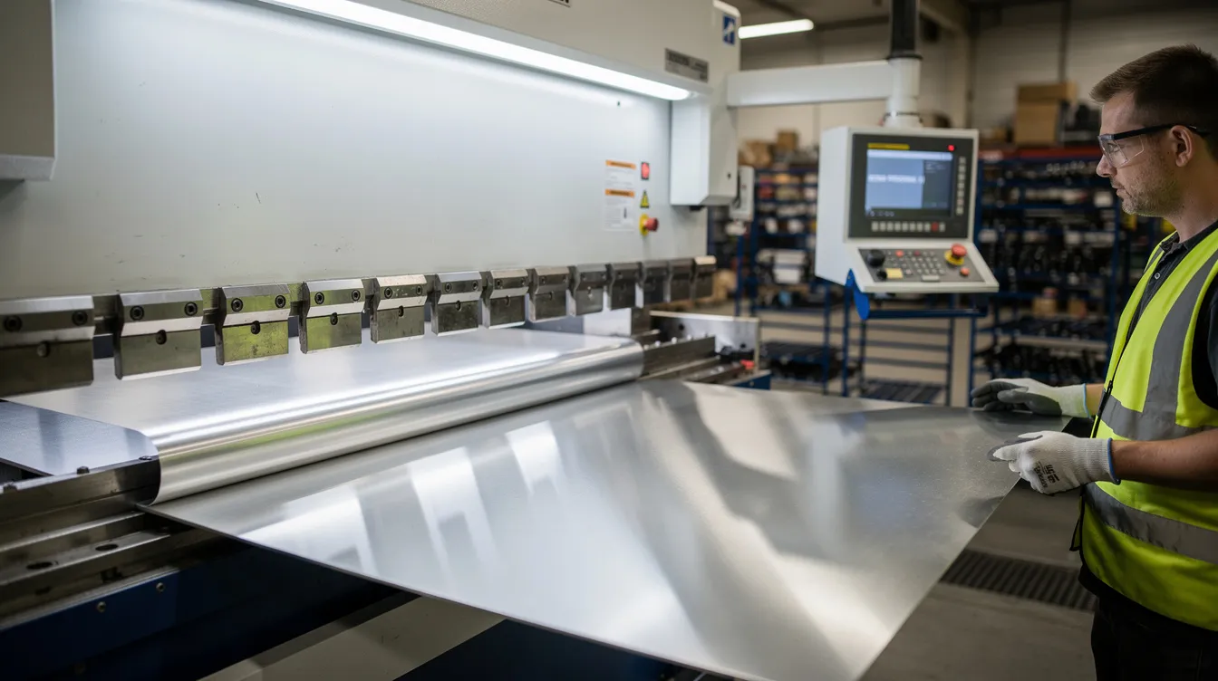 The image shows a CNC press brake in a well-lit factory, bending a sheet of aluminum, which is part of the sheet metal fabrication process. This industrial equipment is essential for producing precision sheet metal parts, showcasing the capabilities of metal fabrication companies.