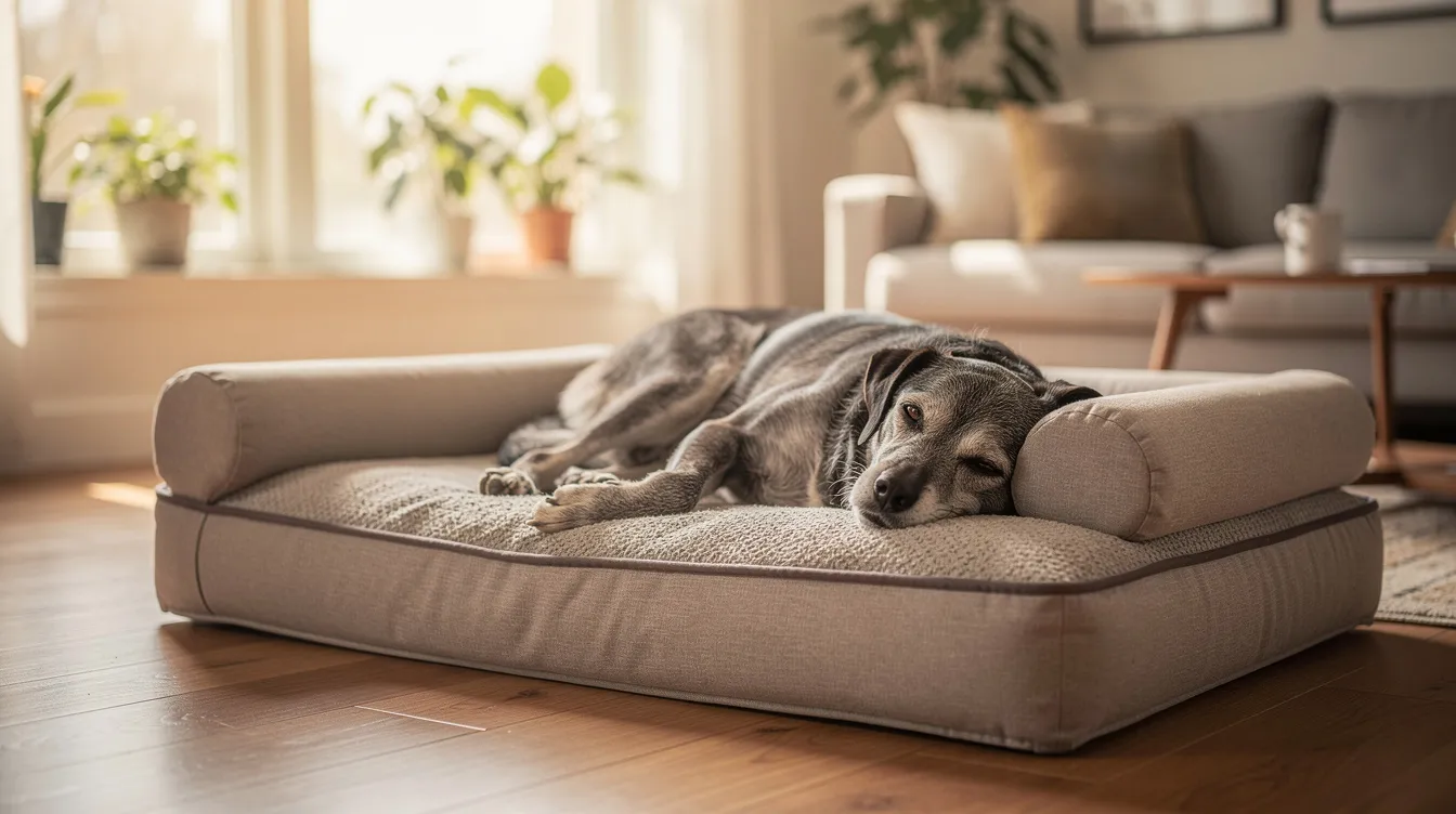 A senior dog is peacefully resting on a plush orthopedic bed in a bright, inviting home, showcasing a comfortable environment that supports pain management for older dogs. This scene highlights the importance of proper pain relief and joint health for pets experiencing chronic pain or discomfort.
