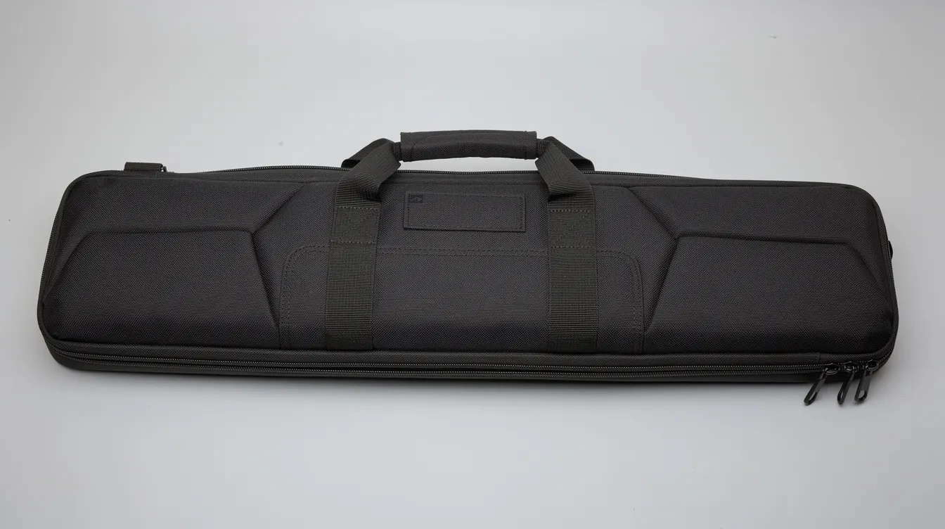 A black airsoft rifle is securely stored inside a padded carrying case, with the zipper closed, emphasizing its role as a realistic imitation firearm for airsoft enthusiasts. This image highlights the importance of proper storage for replica airsoft guns, ensuring safety and compliance with legal requirements.