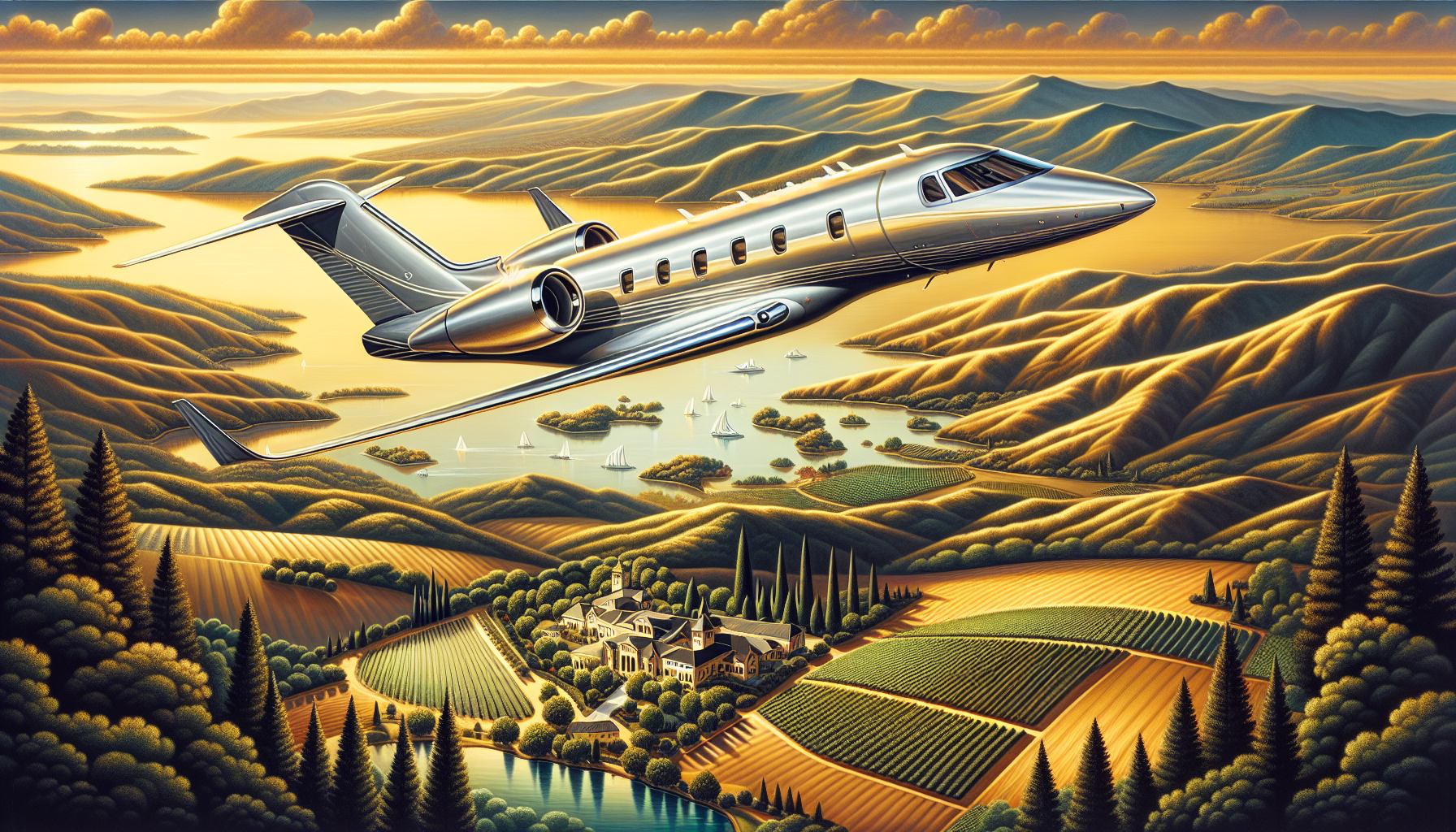 Illustration of a luxurious private jet flying over Sunnyvale, California