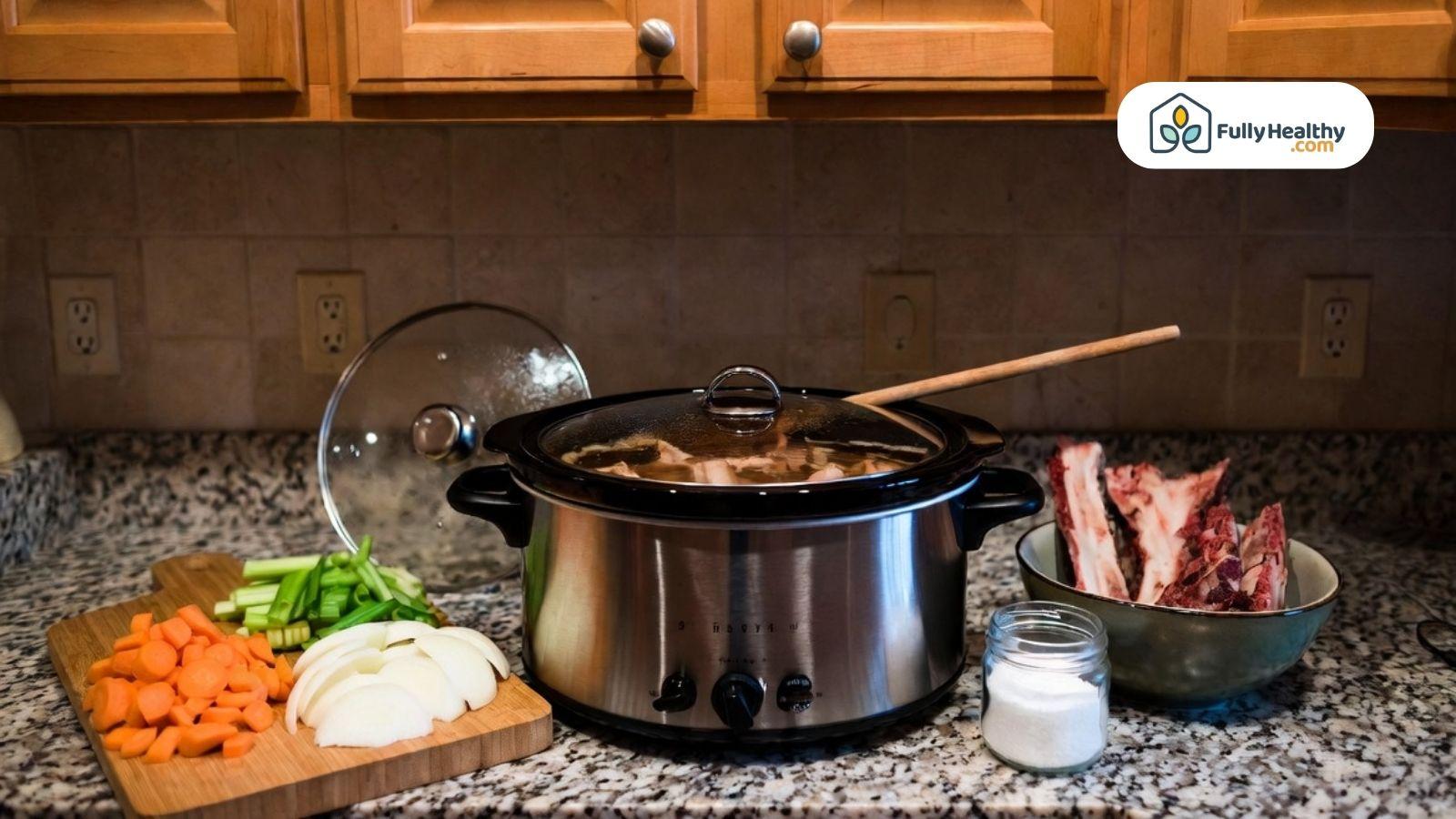 Slow cooker making bone broth with chopped vegetables and raw bones on a kitchen counter.