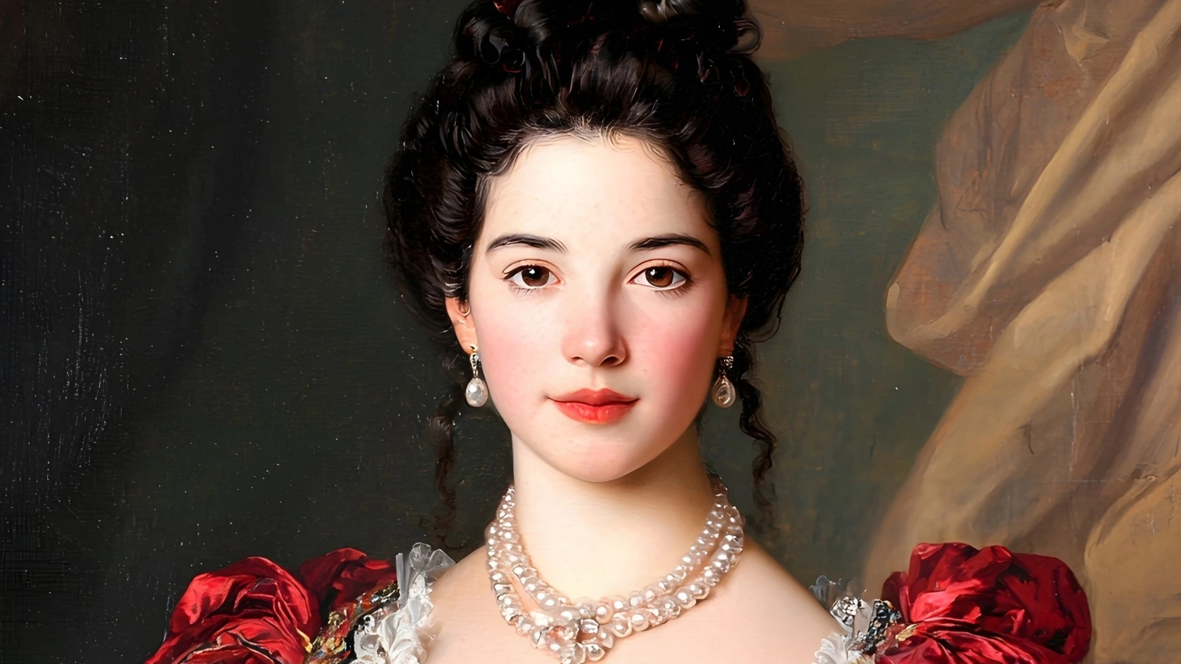 Elegant pearly jewellery worn by a young woman wearing pearl earrings nad pearl necklace.