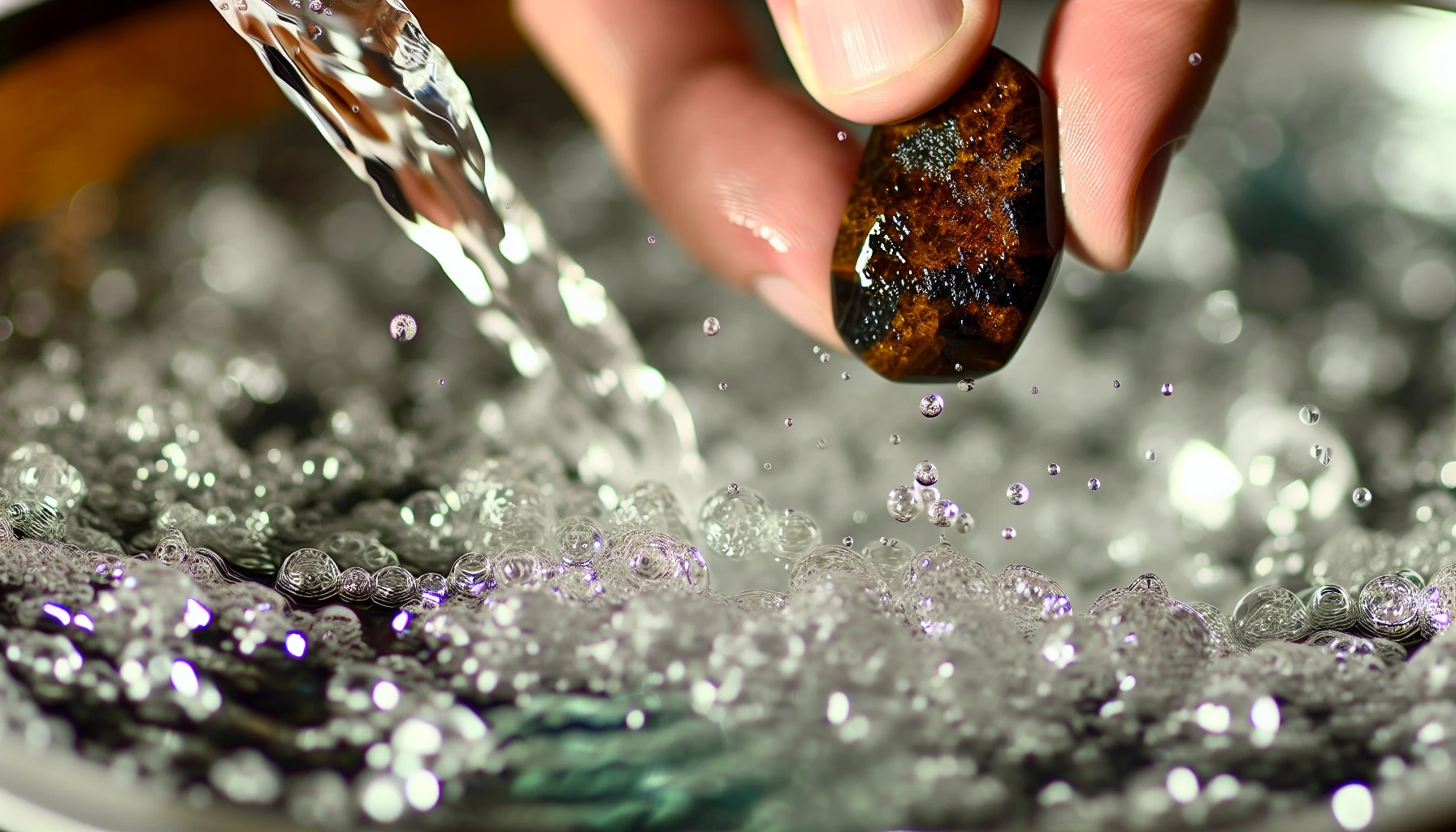 Tiger's Eye stone being cleansed under running water