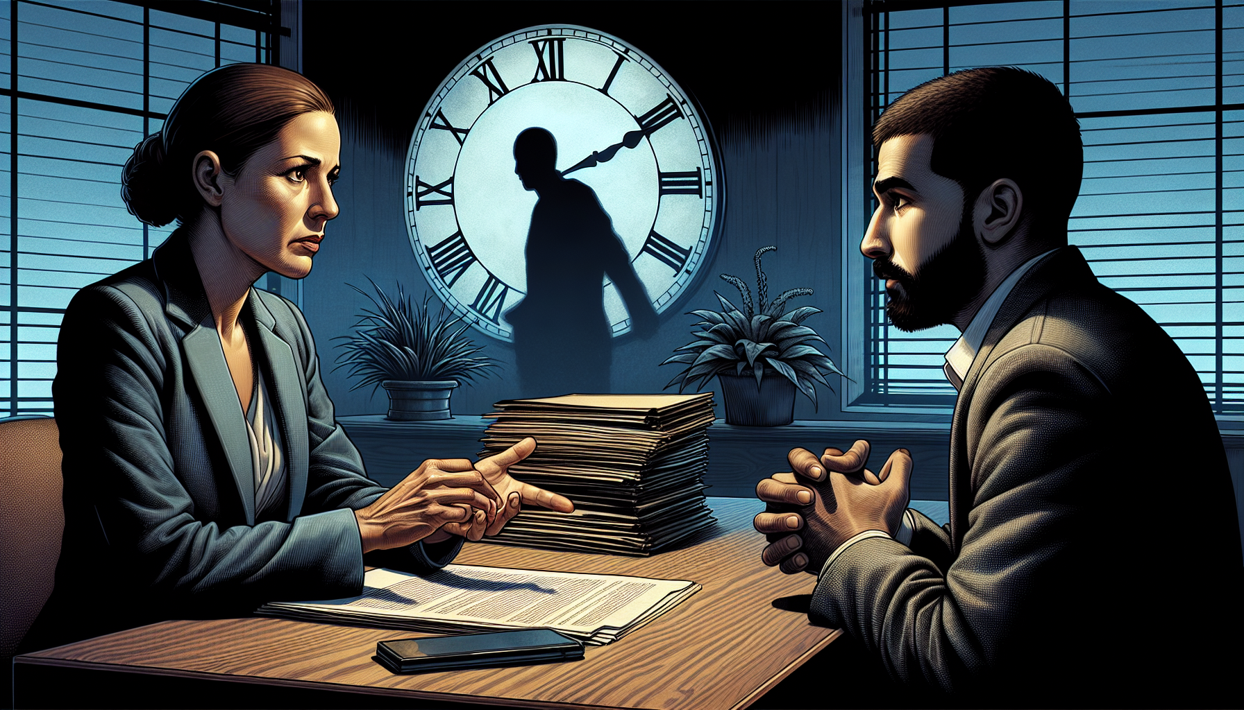 An early legal representation meeting between a defense attorney and a client.